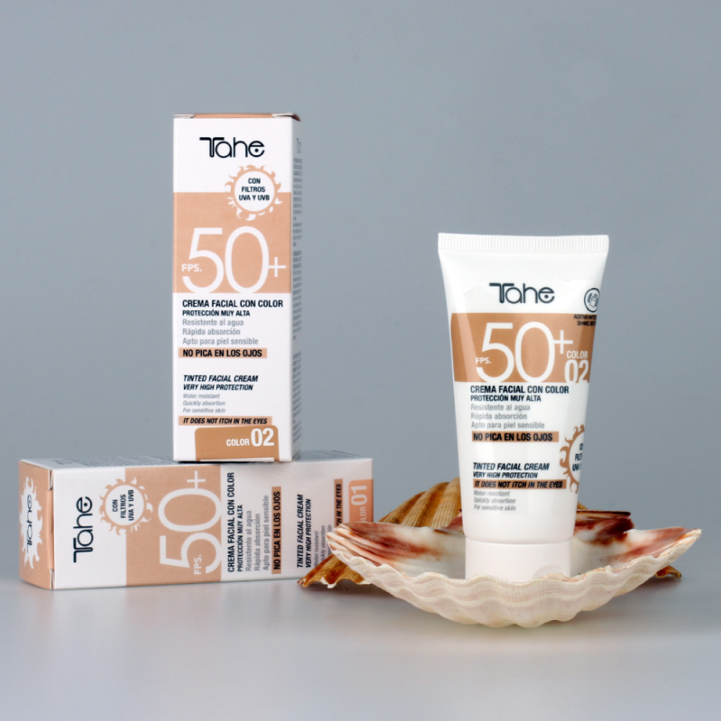 Crema facial con color FPS 50+ Sun protect Tahe